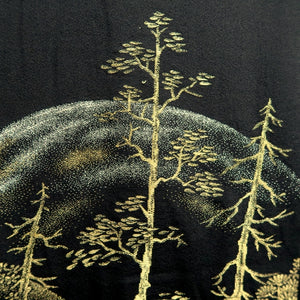 Haori Jacket Vintage(1950-1980) Black Gold Landscape Tree Mountain Silk #9759A3