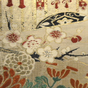 Maru Obi Vintage(1920-1950) Beige Gold Crane Birds Chrysanthemum Silk BB298V7