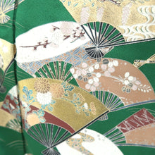 Load image into Gallery viewer, Furisode Green Black Gold Folding Fan Willow Tall Silk #10557B4
