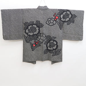 Haori Jacket Vintage(1950-1980) Black Shibori Peony Silk #9902B4