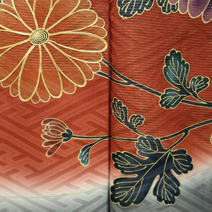 Furisode Reddish Brown Gray Gold Chrysanthemum Silk #9711J5