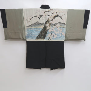 Men's Haori Vintage(1950-1980) Black Habutae Cherry Blossom Silk #9985C2