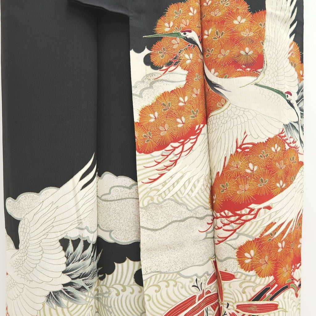 Tomesode Vintage(1920-1950) Black Crane Birds Hand painted Silk #10497B1