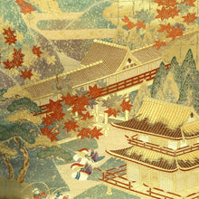 Load image into Gallery viewer, Fukuro Obi Gold White Bird Pagoda Zen Temple Silk BB278V6
