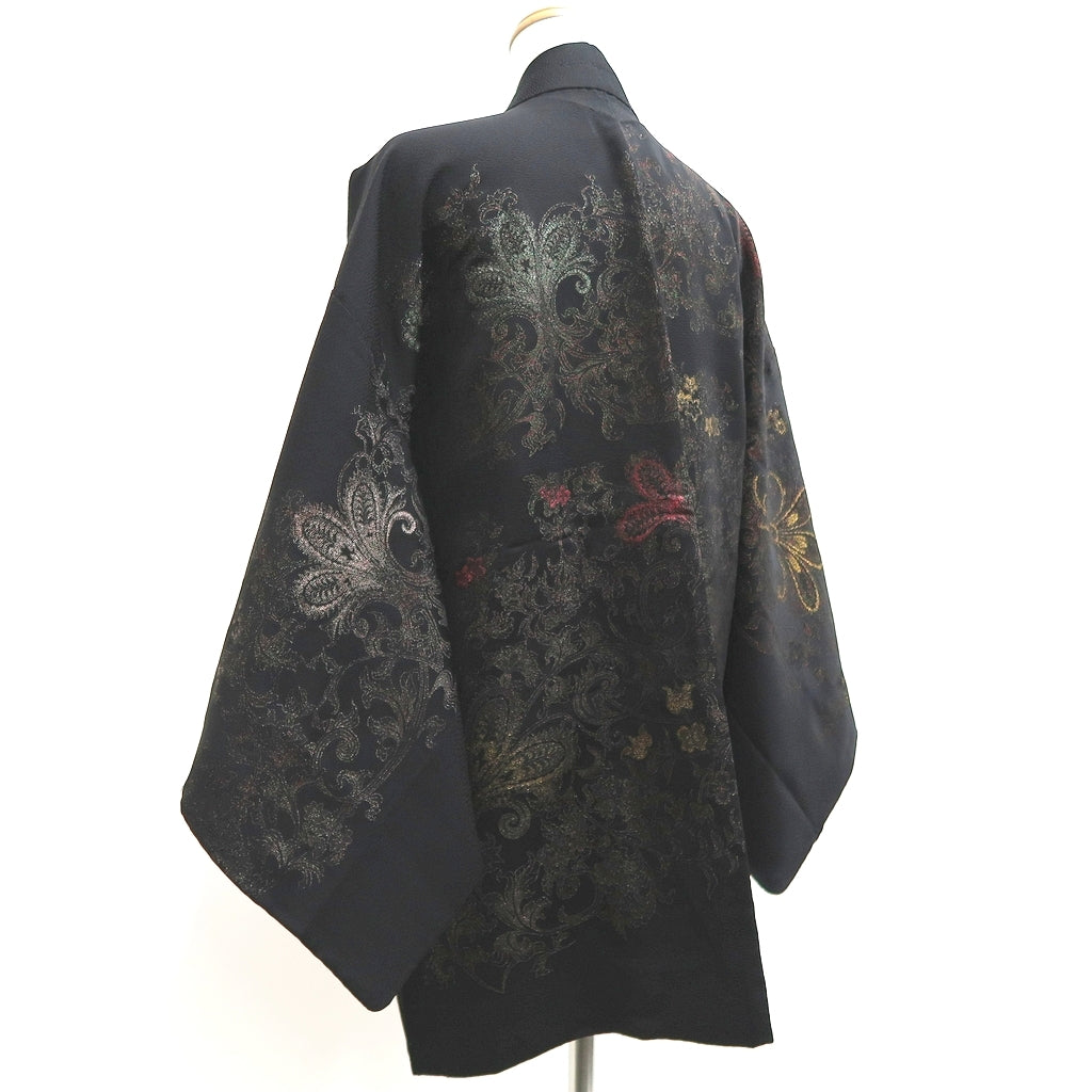 Haori Jacket Vintage(1950-1980) Black Silver Gold Karakusa Silk #10011C3