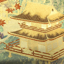 Load image into Gallery viewer, Fukuro Obi Gold White Bird Pagoda Zen Temple Silk BB278V6
