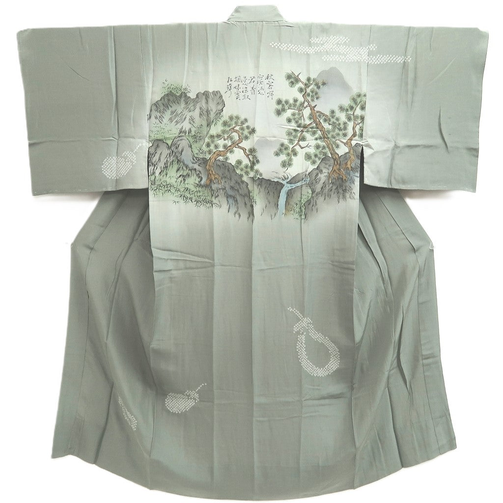 Men's Juban Vintage(1950-1980) Light Gray Landscape Pine Tree Silk #10299E5