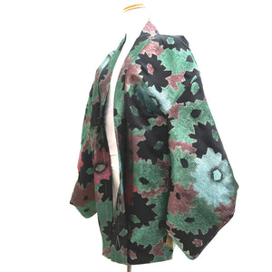 Haori Jacket Vintage(1950-1980) Black Green Gold Flower Silk #10087D1