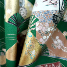 Load image into Gallery viewer, Furisode Green Black Gold Folding Fan Willow Tall Silk #10557B4
