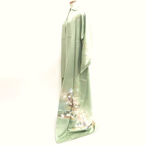 Kimono Pale Green Crane Birds Pine Tree Silk #9661J2