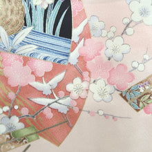 Load image into Gallery viewer, Furisode Pink Folding Fan Plum blossom Bird Silk #11085A5

