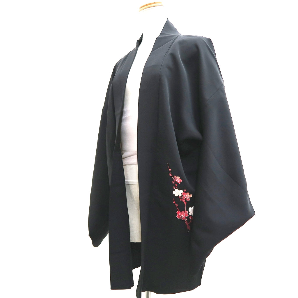 Haori Jacket Vintage(1950-1980) Black Plum blossom Branch Silk #9734A2