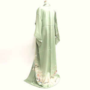 Kimono Pale Green Crane Birds Pine Tree Silk #9661J2