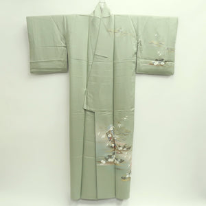 Kimono Pale Green Crane Birds Pine Tree Silk #9661J2