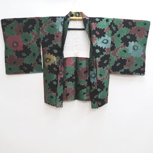 Haori Jacket Vintage(1950-1980) Black Green Gold Flower Silk #10087D1