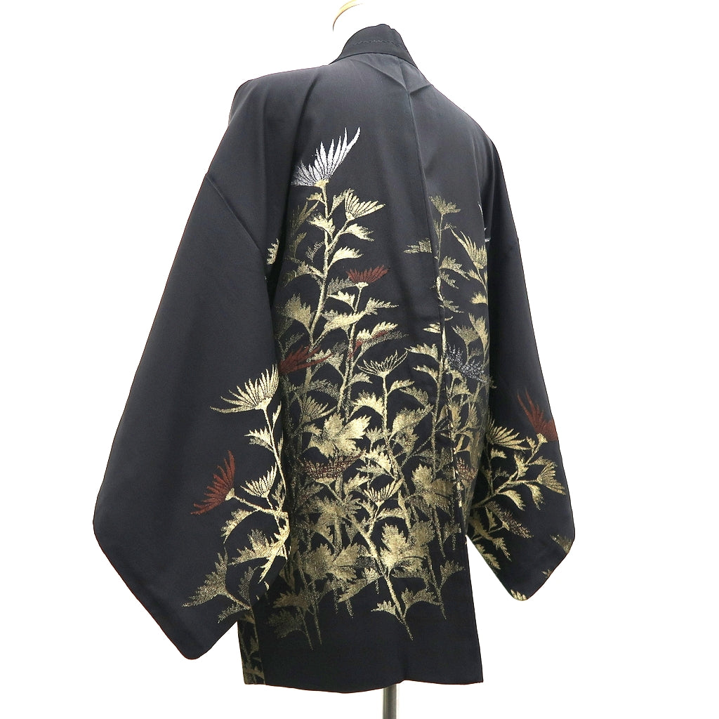 Haori Jacket Vintage(1950-1980) Black Gold Chrysanthemum Silk #10192D5
