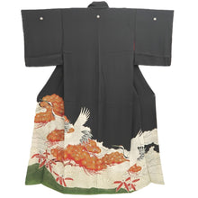 Load image into Gallery viewer, Tomesode Vintage(1920-1950) Black Crane Birds Hand painted Silk #10497B1
