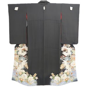 Tomesode Vintage(1920-1950) Black Hand painted Crane Birds Silk #10406A1
