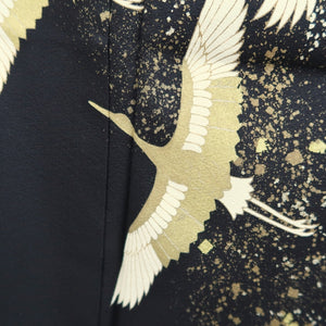 Tomesode Black Gold Embroidery Crane Birds Tall Silk #10396F5