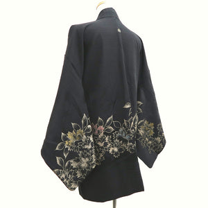 Haori Jacket Vintage(1950-1980) Black Gold Flower Silk #10057D1