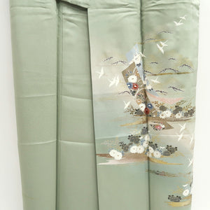 Kimono Pale Green Crane Birds Pine Tree Silk #9661J2