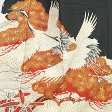 Load image into Gallery viewer, Tomesode Vintage(1920-1950) Black Crane Birds Hand painted Silk #10497B1
