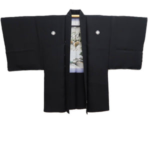Men's Haori Black Montsuki Landscape Wide Silk #10416A2