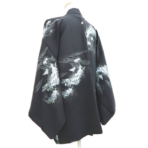 Haori Jacket Vintage(1950-1980) Black Silver Curling Wave Silk #9760A3
