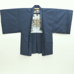 Men's Haori Vintage(1920-1950) Dark Blue Hige-Tsumugi Kinkakuji Temple Silk #9823B1