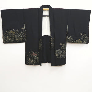 Haori Jacket Vintage(1950-1980) Black Gold Flower Silk #10057D1