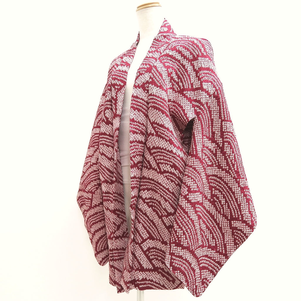 Haori Jacket Vintage(1950-1980) Wine red Shibori Wave Silk #9745A2