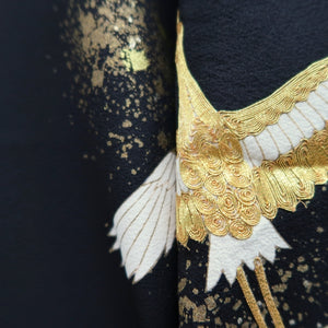 Tomesode Black Gold Embroidery Crane Birds Tall Silk #10396F5