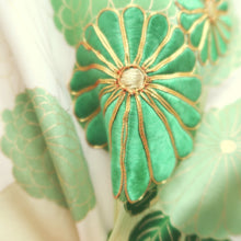 Load image into Gallery viewer, Furisode Vintage(1950-1980) White Gold Green Embroidery Chrysanthemum Bamboo Silk #10547B3

