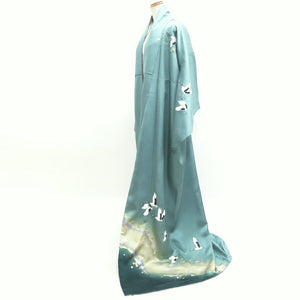 Kimono Blueish Green Crane Birds Tall Silk #9951C1