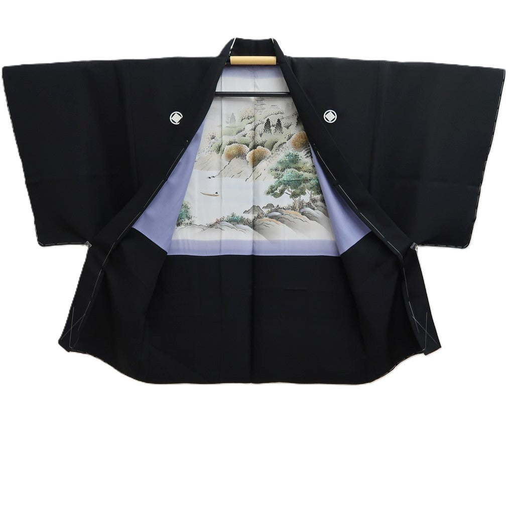 Men's Haori Black Montsuki Landscape Wide Silk #10416A2