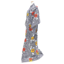 Load image into Gallery viewer, Yukata Vintage(1950-1980) Navy White Floral pattern Wave Cotton #11103B1

