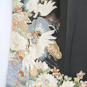 Tomesode Vintage(1920-1950) Black Hand painted Crane Birds Silk #10406A1
