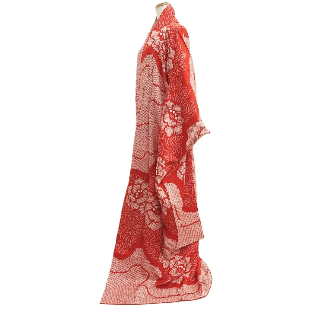 Furisode Red Shibori Flower Silk #10567B4