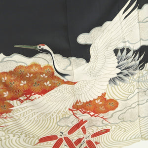 Tomesode Vintage(1920-1950) Black Crane Birds Hand painted Silk #10497B1