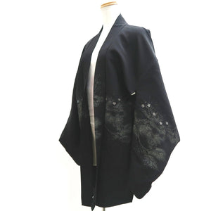 Haori Jacket Vintage(1950-1980) Black Silver Plum blossom Branch Silk #10012C3