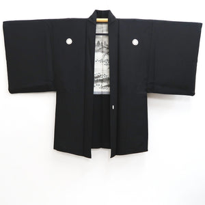 Men's Haori Vintage(1950-1980) Black Montsuki Landscape Silk #10288E4