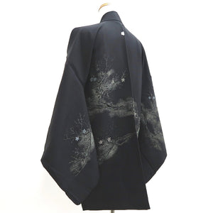 Haori Jacket Vintage(1950-1980) Black Silver Plum blossom Branch Silk #10012C3