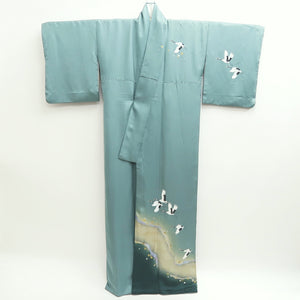 Kimono Blueish Green Crane Birds Tall Silk #9951C1