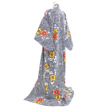 Load image into Gallery viewer, Yukata Vintage(1950-1980) Navy White Floral pattern Wave Cotton #11103B1
