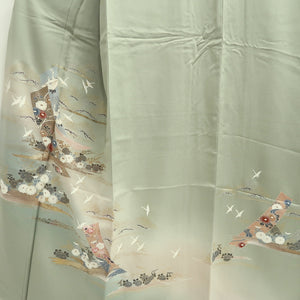 Kimono Pale Green Crane Birds Pine Tree Silk #9661J2