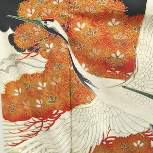Tomesode Vintage(1920-1950) Black Crane Birds Hand painted Silk #10497B1