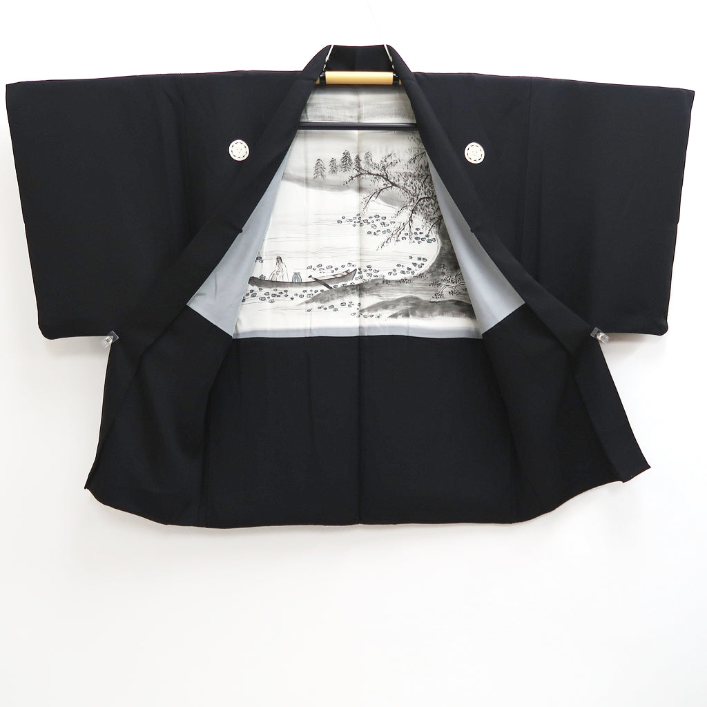Men's Haori Vintage(1950-1980) Black Montsuki Landscape Silk #10288E4