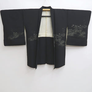 Haori Jacket Vintage(1950-1980) Black Silver Plum blossom Branch Silk #10012C3