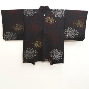Haori Jacket Vintage(1950-1980) Black Gold Silver Chrysanthemum Silk #10238E2