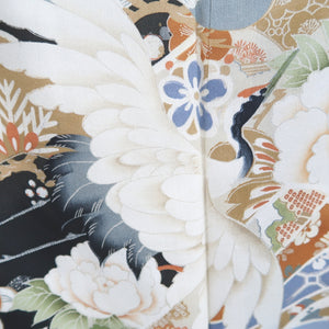 Tomesode Vintage(1920-1950) Black Hand painted Crane Birds Silk #10406A1